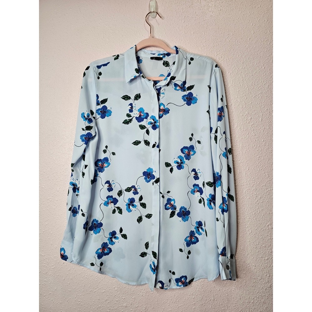 Ann Taylor Factory Womens Blue Floral Blouse Top Size L Long Sleeve Button Work